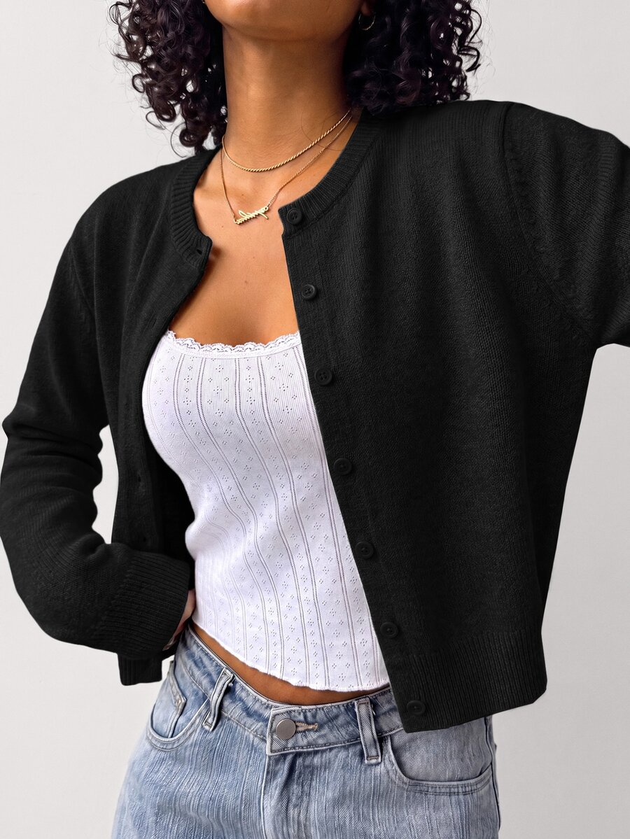 SHEIN BASICS Cardigan Rajut Lengan Panjang Kancing Tunggal Minimalis untuk Wanita - Hitam - View 1