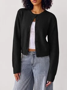 SHEIN BASICS Women's Fashion Minimalist Single-Breasted Long Sleeve Knit Cardigan - Black - View 1