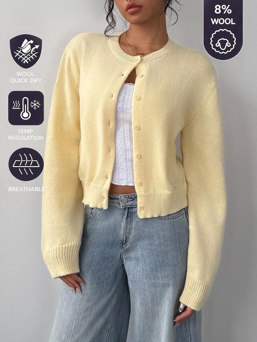SHEIN BASICS 女款黃色休閒百搭鈕扣長袖針織開襟衫 秋冬款 - 鵝黃色 - 查看 1