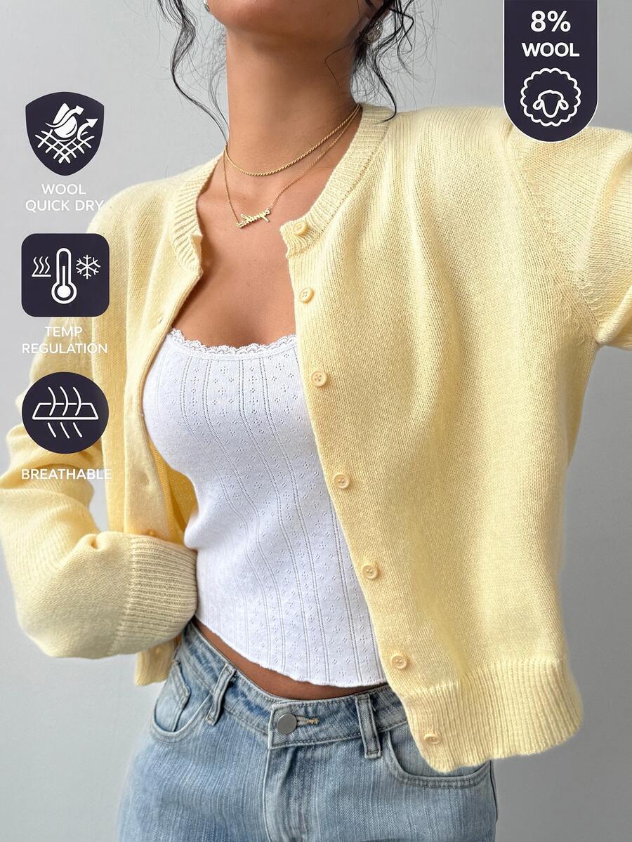 SHEIN BASICS Women's Yellow Casual Style Versatile Button Long Sleeve Knit Cardigan Fall/Winter - Pale Yellow - View 1