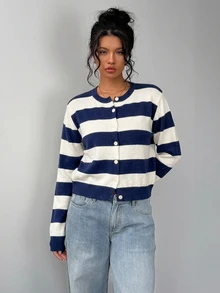 SHEIN BASICS 休閒海濱風簡約女款開襟針織衫，秋冬外出穿搭，海軍藍與白色條紋，通勤旅行適用 - 黑色 - 查看 3