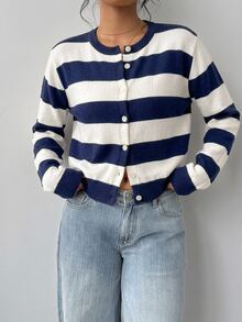 SHEIN BASICS 休閒海濱風簡約女款開襟針織衫，秋冬外出穿搭，海軍藍與白色條紋，通勤旅行適用 - 黑色 - 查看 4