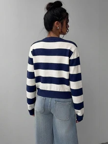 SHEIN BASICS 休閒海濱風簡約女款開襟針織衫，秋冬外出穿搭，海軍藍與白色條紋，通勤旅行適用 - 黑色 - 查看 6
