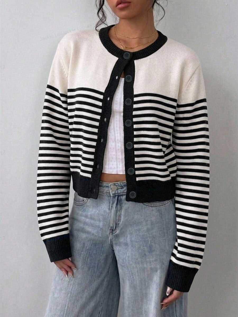 SHEIN BASICS Back To School Striped Top Casual Minimalist Cardigan Sweater Suitable For Autumn/Winter Outings - Black - View 1