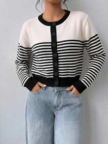 SHEIN BASICS 開學季條紋上衣休閒極簡開襟針織衫，適合秋冬外出穿著 - 黑色 - 查看 5