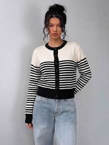SHEIN BASICS 開學季條紋上衣休閒極簡開襟針織衫，適合秋冬外出穿著 - 黑色 - 查看 6