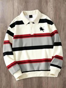 Manfinity Joysei Men's Plus Size Rider Striped Print Casual Polo Collar Sweatshirt - Multicolor - View 1