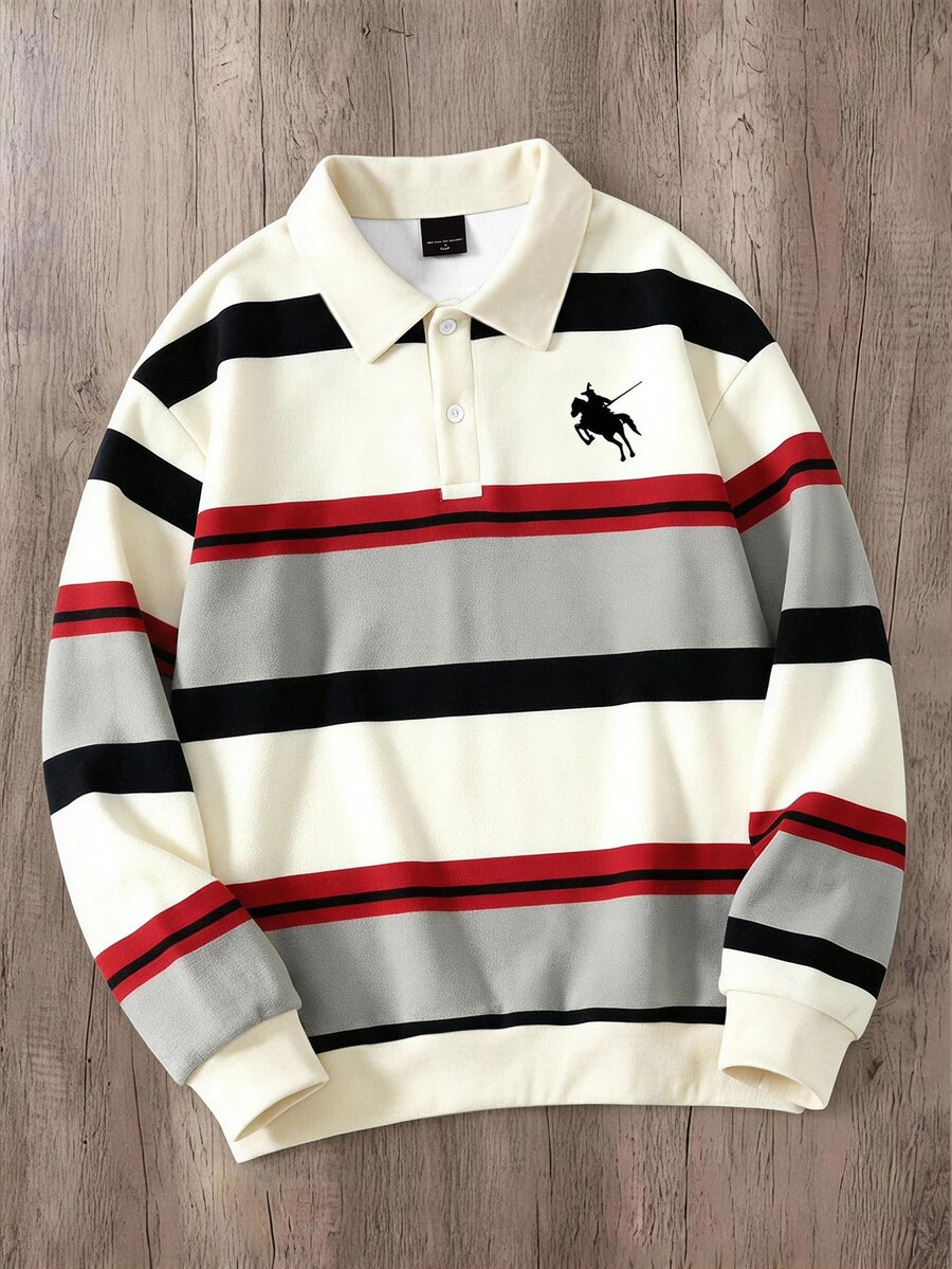 Manfinity Joysei Men's Plus Size Rider Striped Print Casual Polo Collar Sweatshirt - Multicolor - View 1
