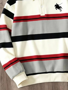 Manfinity Joysei Men's Plus Size Rider Striped Print Casual Polo Collar Sweatshirt - Multicolor - View 4