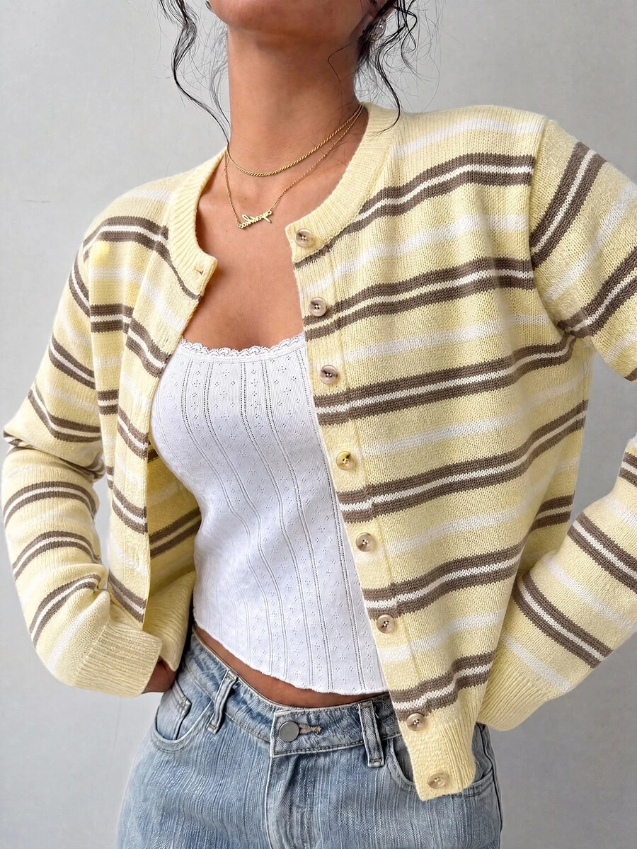 SHEIN BASICS Women's Casual Cardigan, Autumn/Winter Clothing, Y2K Style, Striped Cardigan - Yellow - View 1