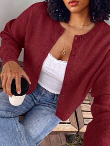 SHEIN BASICS Women's Solid Color Long Sleeve Single-Breasted Knit Cardigan - Burgundy - View 3