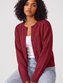SHEIN BASICS Women's Solid Color Long Sleeve Single-Breasted Knit Cardigan - Burgundy - View 4