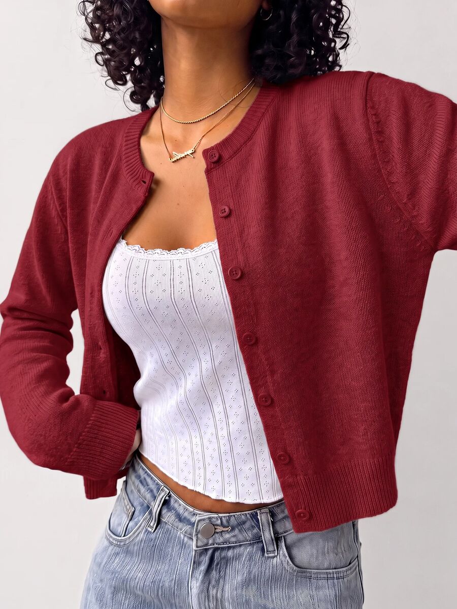 SHEIN BASICS Women's Solid Color Long Sleeve Single-Breasted Knit Cardigan - Burgundy - View 1