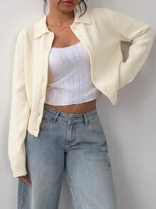 SHEIN BASICS كارديجان نسائي ناعم بأسلوب كاجوال متعدد الاستخدامات بأزرار وأكمام طويلة من الصوف المحبوك للمكتب والبرانش باللون البيج للخريف - لون مشمشي - مشاهدة 5