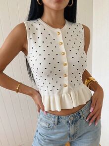 SHEIN PETITE Cute Button-Front Knit Sweater Vest With A Polka-Dot Pattern, Designed For Petite Women. - Black and White - View 5