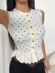 SHEIN PETITE Cute Button-Front Knit Sweater Vest With A Polka-Dot Pattern, Designed For Petite Women. - Black and White - View 8