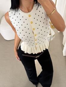 SHEIN PETITE Cute Button-Front Knit Sweater Vest With A Polka-Dot Pattern, Designed For Petite Women. - Black and White - View 3