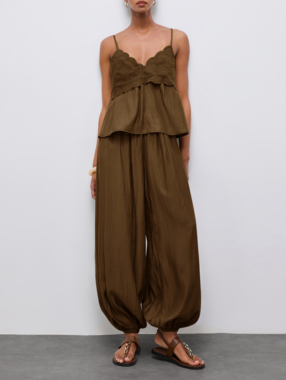 Maija Women's Casual Boho Solid Color Pleated Elastic Waist Ankle Length Pants,Going Out Brunch Vacation Outfits Dark Brown Autumn