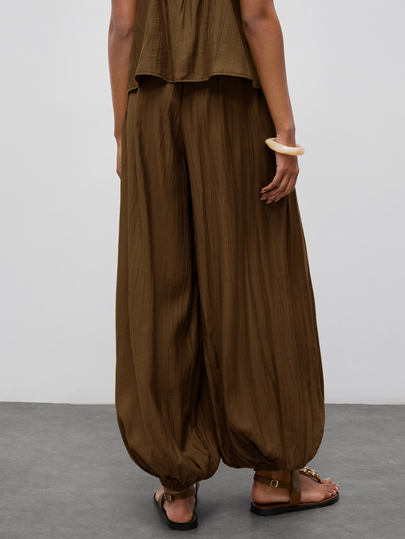Maija Women's Casual Boho Solid Color Pleated Elastic Waist Ankle Length Pants,Going Out Brunch Vacation Outfits Dark Brown Autumn