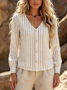 Holdful Holdful Women's Casual Versatile Fitted Striped Faux Placket Button-Up Long Sleeve Shirt For Autumn/Winter - Khaki - View 6