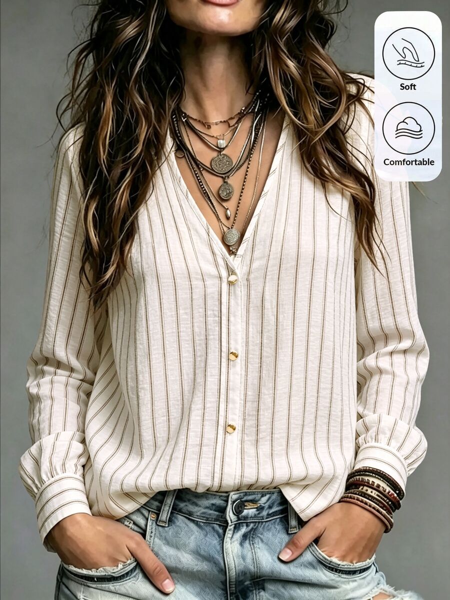 Holdful Holdful Women's Casual Versatile Fitted Striped Faux Placket Button-Up Long Sleeve Shirt For Autumn/Winter - Khaki - View 1