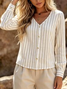 Holdful Holdful Women's Casual Versatile Fitted Striped Faux Placket Button-Up Long Sleeve Shirt For Autumn/Winter - Khaki - View 8