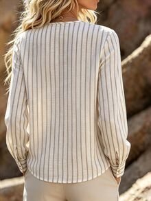 Holdful Holdful Women's Casual Versatile Fitted Striped Faux Placket Button-Up Long Sleeve Shirt For Autumn/Winter - Khaki - View 2