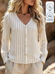 Holdful Holdful Women's Casual Versatile Fitted Striped Faux Placket Button-Up Long Sleeve Shirt For Autumn/Winter - Khaki - View 4