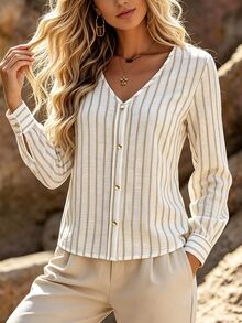 Holdful Holdful Women's Casual Versatile Fitted Striped Faux Placket Button-Up Long Sleeve Shirt For Autumn/Winter - Khaki - View 5