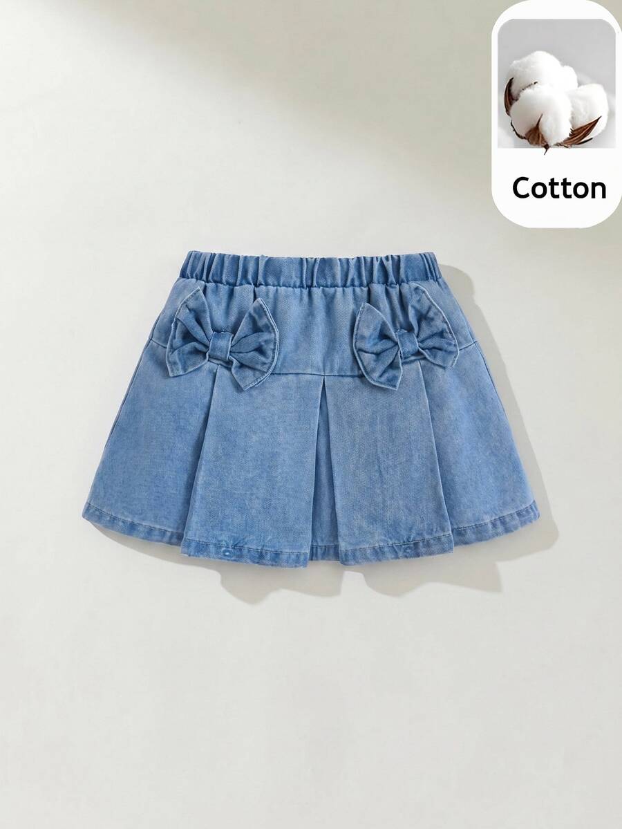 Maija Kids Maija Kids Shein青少女舒適柔軟活動蝴蝶結裝飾牛仔裙,春夏boho風可愛裙子 - 淺色水洗藍 - 查看 1