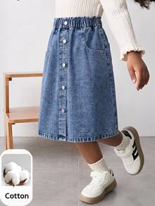 Maija Kids Maija Kids Young Girl Casual Pockets Denim Umbrella Skirt, Kid Spring And Summer Casual Vacation Country Boho Wear, Beach For Kid Young Girl - Light Wash - View 1