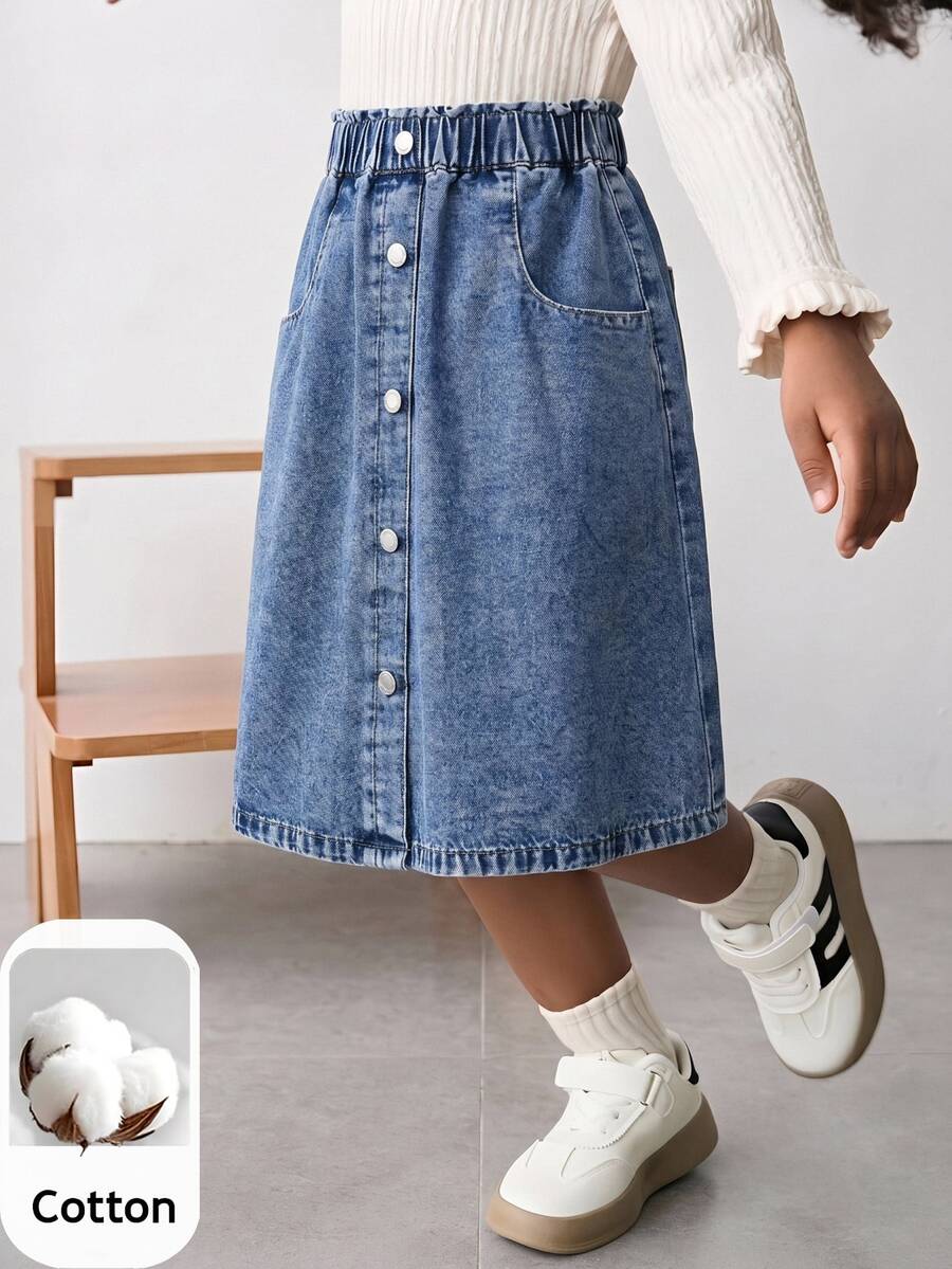 Maija Kids Maija Kids Young Girl Casual Pockets Denim Umbrella Skirt, Kid Spring And Summer Casual Vacation Country Boho Wear, Beach For Kid Young Girl - Light Wash - View 1