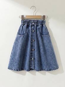 Maija Kids Maija Kids Young Girl Casual Pockets Denim Umbrella Skirt, Kid Spring And Summer Casual Vacation Country Boho Wear, Beach For Kid Young Girl - Light Wash - View 2