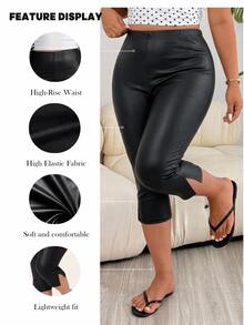 Comfortcana Black Plus-Size Cropped PU Leggings For Autumn And Winter - Black - View 1