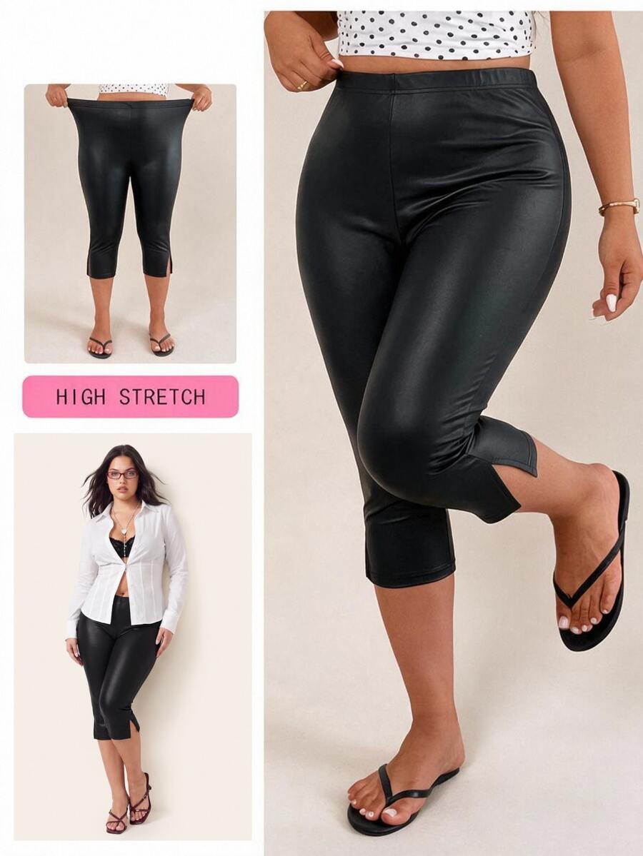 Comfortcana Black Plus-Size Cropped PU Leggings For Autumn And Winter - Black - View 1