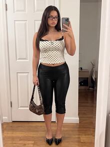 Comfortcana Black Plus-Size Cropped PU Leggings For Autumn And Winter - Black - View 2