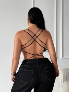SHEIN SXY Plus Size Women Solid Color Sexy Criss-Cross Backless Cami Camisole - Black - View 2