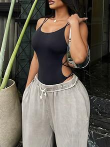 SHEIN SXY Plus Size Women Solid Color Sexy Criss-Cross Backless Cami Camisole - Black - View 4