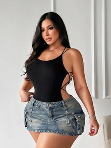 SHEIN SXY Plus Size Women Solid Color Sexy Criss-Cross Backless Cami Camisole - Black - View 3