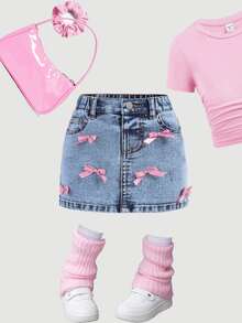 Maija Kids Maija Kids 女童 Y2K 可愛粉色蝴蝶結/藍色丹寧裙，兒童春夏休閒度假鄉村波希米亞風穿搭，海灘女孩街頭風女童服飾 - 淺色水洗藍 - 查看 5