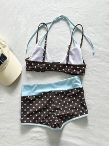 SHEIN Swim 两件套女士泳装比基尼，蓝黄波点条纹泳裤，适合波西米亚风度假、健身、休闲、Y2K复古风、甜美可爱复古沙滩女泳装套装，春夏精选沙滩装，时尚穿搭，七月四日沙滩装 - 巧克力棕 - 查看 5