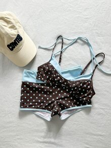 SHEIN Swim 两件套女士泳装比基尼，蓝黄波点条纹泳裤，适合波西米亚风度假、健身、休闲、Y2K复古风、甜美可爱复古沙滩女泳装套装，春夏精选沙滩装，时尚穿搭，七月四日沙滩装 - 巧克力棕 - 查看 6