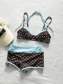 SHEIN Swim 两件套女士泳装比基尼，蓝黄波点条纹泳裤，适合波西米亚风度假、健身、休闲、Y2K复古风、甜美可爱复古沙滩女泳装套装，春夏精选沙滩装，时尚穿搭，七月四日沙滩装 - 巧克力棕 - 查看 7