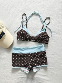 SHEIN Swim 两件套女士泳装比基尼，蓝黄波点条纹泳裤，适合波西米亚风度假、健身、休闲、Y2K复古风、甜美可爱复古沙滩女泳装套装，春夏精选沙滩装，时尚穿搭，七月四日沙滩装 - 巧克力棕 - 查看 4