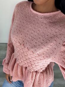 SHEIN Unity Women's Round Neck Solid Color Cable Knit Pullover Sweater - Pink - View 4