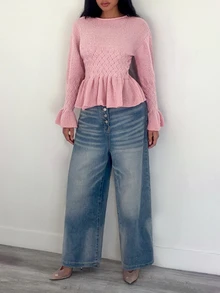 SHEIN Unity Women's Round Neck Solid Color Cable Knit Pullover Sweater - Pink - View 6