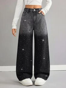 SHEIN 女童亮面水鑽黑色漸層牛仔寬鬆長褲 - 黑色 - 查看 5