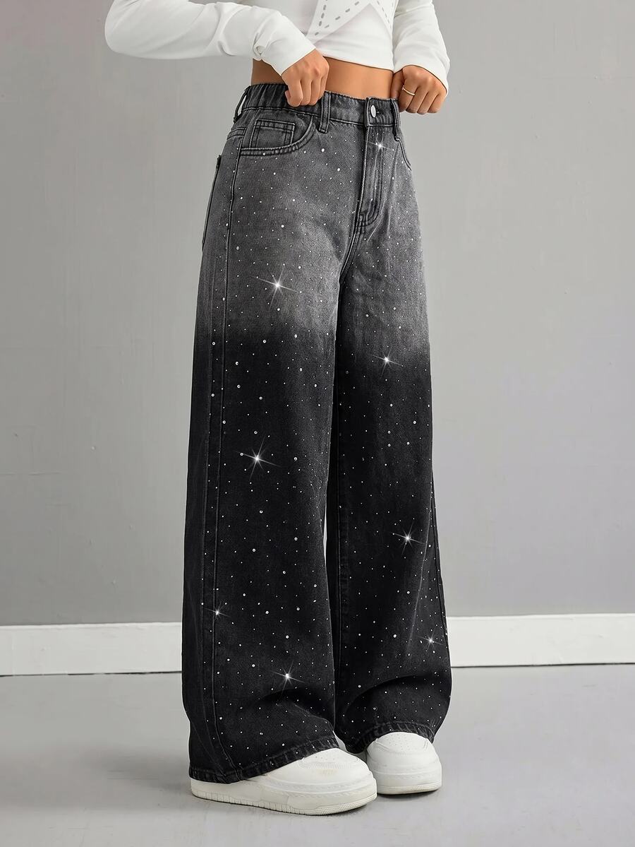 SHEIN Girls' Shiny Rhinestone Black Gradient Denim Loose Long Pants - Black - View 1
