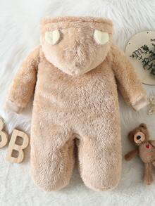 SHEIN Sweet Pink Bear Ear Hood Fuzzy Plush Baby Footed Romper, Bear Embroidered Cold‑Weather Outfit - Khaki - View 2