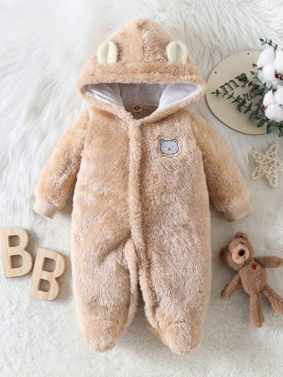 SHEIN Sweet Pink Bear Ear Hood Fuzzy Plush Baby Footed Romper, Bear Embroidered Cold‑Weather Outfit - Khaki - View 1
